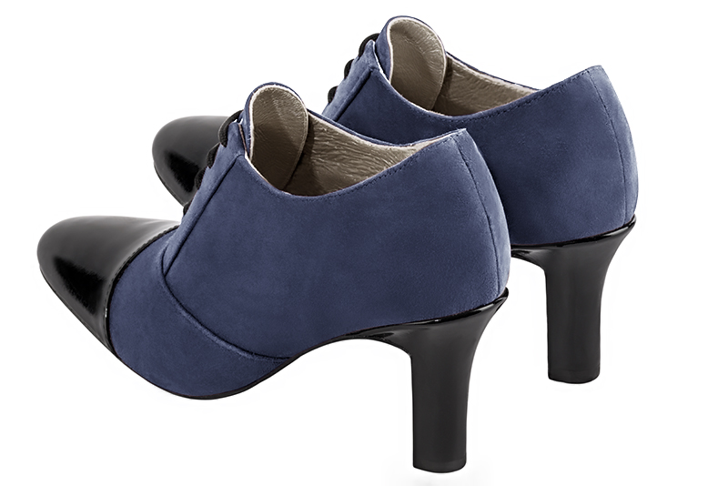 Gloss black and prussian blue women's essential lace-up shoes. Round toe. High kitten heels. Rear view - Florence KOOIJMAN